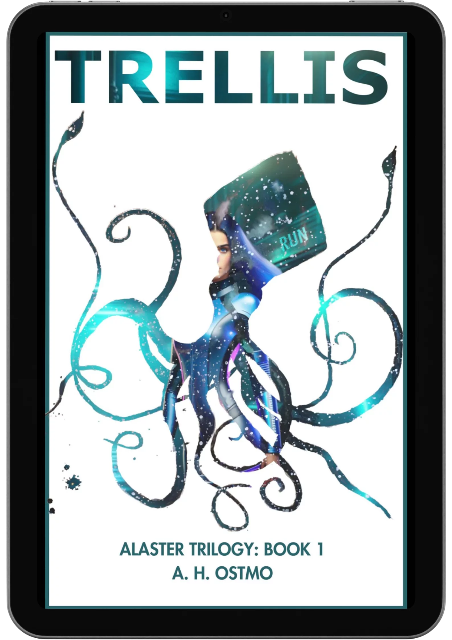 ebook with the trellis book cover: a mask of a squid over a technopunk young woman